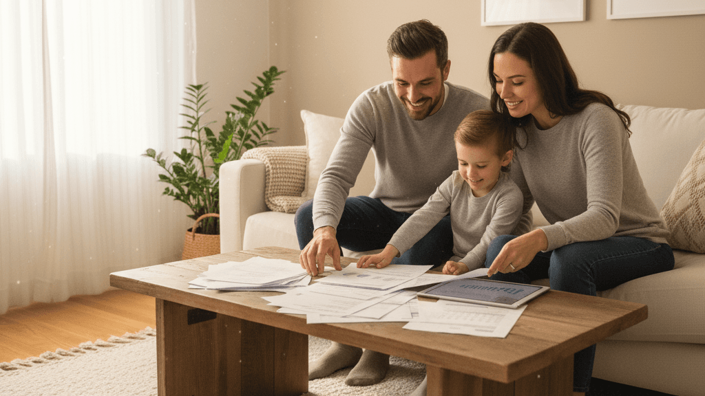 A family sitting together reviewing important documents at home