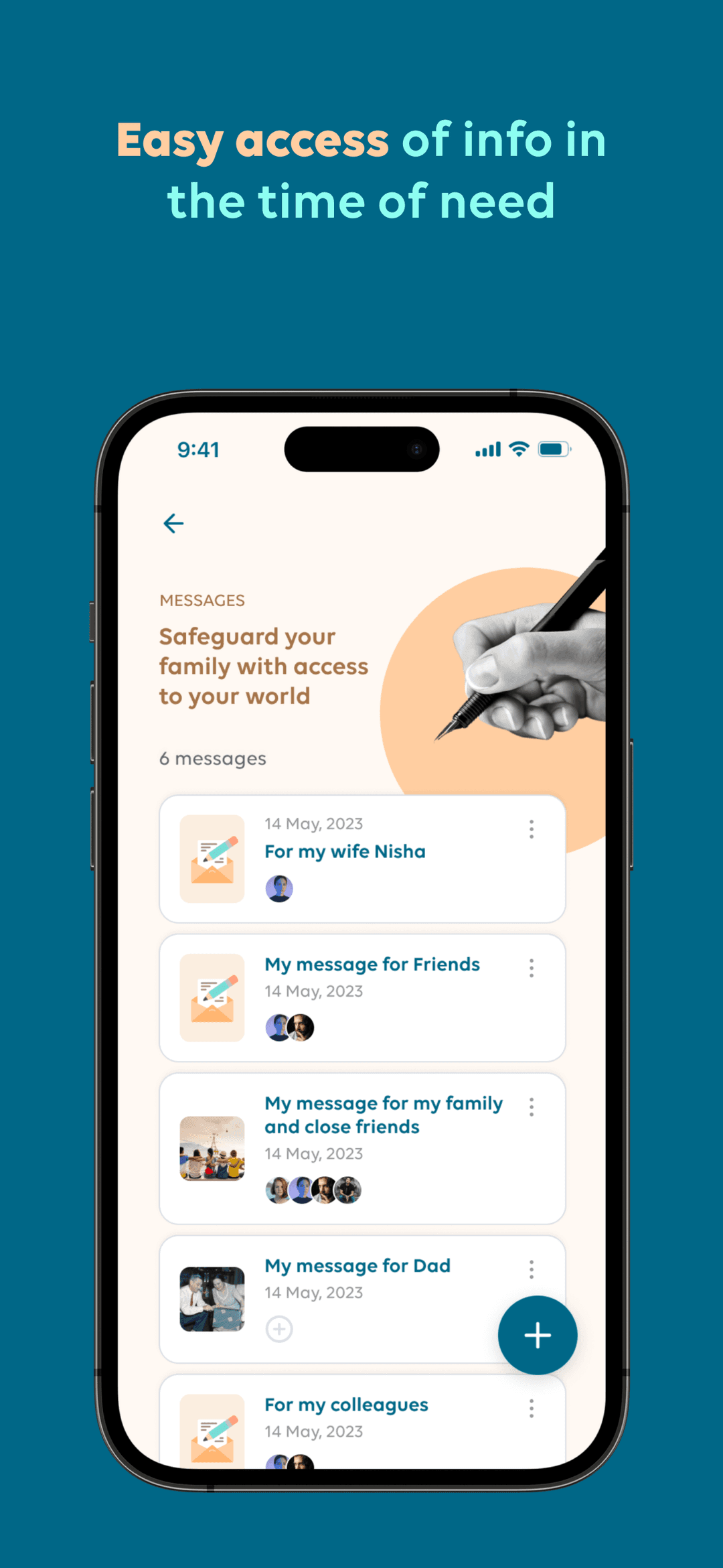 KinSure app personal messages screen